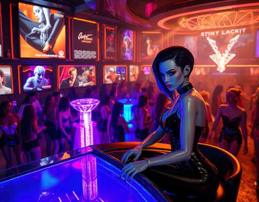 The image depicts a vibrant, futuristic nightclub scene with a distinct cyberpunk aesthetic. In the foreground, a woman with short black hair and a black leather dress sits on a bar stool, her hands resting on a glass table. She wears a choker around her neck, adding to her edgy appearance. The background is filled with numerous screens and billboards, some displaying advertisements, including one for a movie featuring a woman in chains. The club is bustling with people, many of whom are dressed in revealing outfits, contributing to the lively atmosphere. The color palette is dominated by neon hues of purple, blue, and orange, enhancing the futuristic vibe. A prominent sign in the upper right corner reads "Stint Lack It," adding to the eclectic and dynamic environment of the scene.
