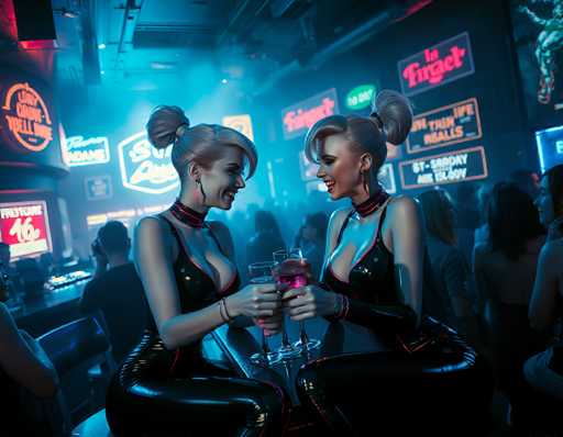 In this vibrant, AI-generated image, two blonde women are seated at a bar, dressed in striking black leather bodysuits with red trim. Their hair is styled in high ponytails, and they wear matching black collars adorned with red accents. Both women are smiling and holding up wine glasses filled with a pink liquid, toasting each other. The bar around them is bustling with patrons, and the background is illuminated by a myriad of neon signs, including ones that read "TNT," "In Furgit," and "Thick Life Nails." The scene is awash in a mix of colors—pink, blue, green, orange, yellow, black, white, and gray—adding to the lively and somewhat surreal atmosphere. The women appear to be the focal point of the image, with the bar and its neon lights creating a dynamic and colorful backdrop.