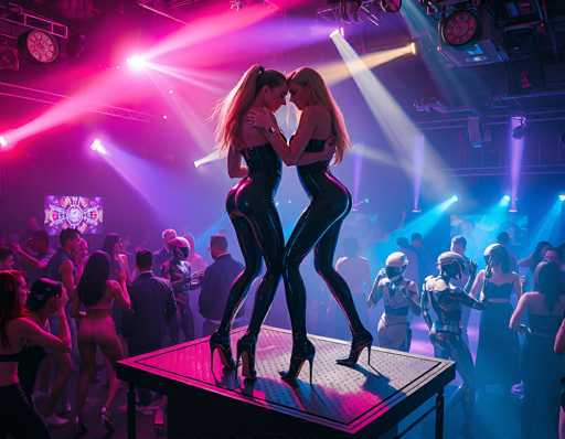In this vibrant, futuristic nightclub scene, two women with long blonde hair and tanned skin stand on a raised platform, their heads gently touching as they gaze into each other's eyes. They are dressed in tight, black leather bodysuits that accentuate their figures, paired with high heels. The woman on the left has her hair in a ponytail, while the woman on the right has her hair down. The platform they stand on is illuminated by a pink light, casting a warm glow over them. Surrounding them, the club is alive with activity: people dance and socialize, while others wear distinctive white helmets that resemble motorcycle gear. The background is a blur of motion, with strobe lights in hues of pink, purple, yellow, and blue creating a dynamic, colorful atmosphere. A TV screen is visible in the distance, adding to the lively ambiance of this bustling, futuristic nightclub.