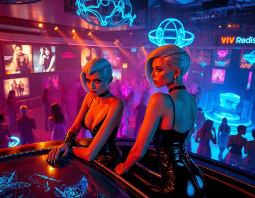 The image depicts a vibrant, futuristic nightclub scene with a distinct cyberpunk aesthetic. In the foreground, two women with short blonde hair, styled in a bob cut, are leaning on a sleek, black bar adorned with intricate blue etchings. They are dressed in tight, black leather corsets with thin straps and black leather boots, accessorized with black collars and bracelets. The woman on the left gazes directly at the camera, while the woman on the right looks over her shoulder. The bar itself is illuminated with blue lights, enhancing the futuristic vibe.

Behind the women, the nightclub is bustling with activity. The background is bathed in a mix of blue and purple neon lights, creating a dynamic and energetic atmosphere. The walls are lined with large screens displaying various images, including what appears to be advertisements for a movie or TV show. The crowd, composed of people in dark clothing, is engaged in dancing and socializing, adding to the lively ambiance. The ceiling features a striking blue neon globe, further accentuating the sci-fi theme of the venue. Overall, the image captures a scene that feels like a blend of high-tech club culture and futuristic design.