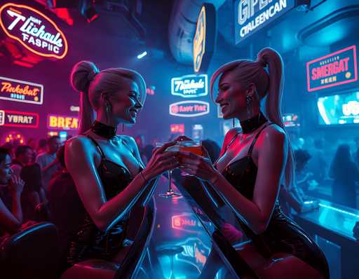 The image shows two women standing at a bar with neon signs and neon lights illuminating the scene. The woman on the left is wearing a black dress and has blonde hair styled in pigtails. She is holding a glass of wine and smiling at her companion who is also dressed in a black outfit, with blonde hair. They are both looking directly at each other as if they are about to share a toast or engage in conversation. The background reveals the presence of more people and neon signs, indicating that this scene takes place in an urban setting like Las Vegas.