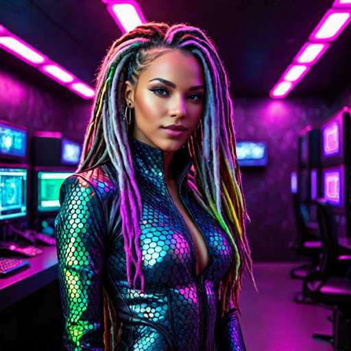 The image depicts a highly detailed, computer-generated scene of a young woman standing in a futuristic room. She is wearing a striking, form-fitting bodysuit that shimmers with a metallic, scaly texture, predominantly green with accents of pink and purple. The bodysuit features a zipper running down the front, revealing a hint of cleavage. Her long, multi-colored dreadlocks cascade down to her waist, blending shades of gray, purple, yellow, and green. She has dark skin, dark eyes, and dark eyebrows, and she wears pink lipstick and a hoop earring in her right ear. The room around her is bathed in a pinkish-purple glow, with neon lights and computer monitors mounted on the walls. To her left, there is a desk with a keyboard, and to her right, a row of black chairs. The overall ambiance suggests a high-tech, possibly sci-fi setting, reminiscent of a scene from a video game or a futuristic movie.
