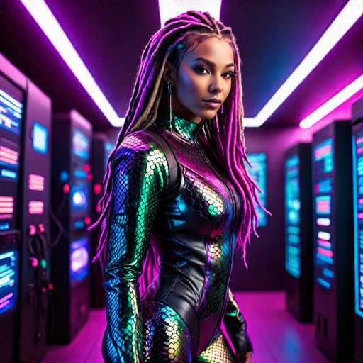 The image depicts a highly detailed, computer-generated scene of a young African-American woman standing in a futuristic, high-tech room. She is wearing a form-fitting, scaly bodysuit that combines black leather with metallic green and purple accents, giving it a fish-scale appearance. Her long, dreadlocked hair features vibrant purple highlights, and she has a serious expression on her face. The room around her is filled with large, black computer servers or supercomputers, each adorned with glowing blue and pink screens and illuminated by red lights. The ceiling is dark purple with white fluorescent lighting, and the floor is a reflective purple. The overall ambiance suggests a high-tech, possibly sci-fi setting, reminiscent of a scene from a video game or a futuristic movie like "Blade Runner."