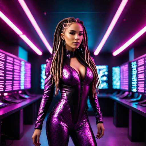 The image depicts a highly detailed, computer-generated scene featuring a young woman in a futuristic setting. She stands in a room with a black floor and ceiling, illuminated by four long, rectangular pink lights on the ceiling. The room is filled with numerous black desks, each equipped with computer monitors displaying pink and blue hues. The woman is positioned centrally, wearing a striking purple leather bodysuit adorned with a honeycomb pattern. The bodysuit features a low neckline, revealing a significant portion of her chest, and a zipper that extends up to her neck. She has long, dark brown braided hair, with lighter highlights, and her face is accentuated with makeup, including pink lipstick. She gazes directly at the viewer, exuding confidence and poise.