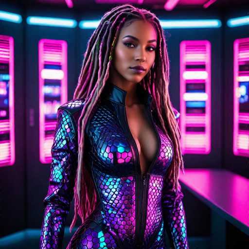The image depicts a striking black woman with long, intricately braided hair that transitions from black at the roots to vibrant shades of pink, purple, and yellow at the tips. She is wearing a form-fitting, metallic bodysuit that shimmers with a scale-like pattern in hues of purple, pink, and blue. The bodysuit features a deep V-neckline that extends up to her neck, and a zipper runs down the front, revealing a significant amount of cleavage. The woman's face is adorned with purple lipstick and eye shadow, and she gazes directly at the camera with a serious expression. The background is a futuristic, dark room illuminated by neon pink and blue lights, with a desk visible to her right. The overall scene has a sci-fi aesthetic, reminiscent of a setting from a movie like "Guardians of the Galaxy."