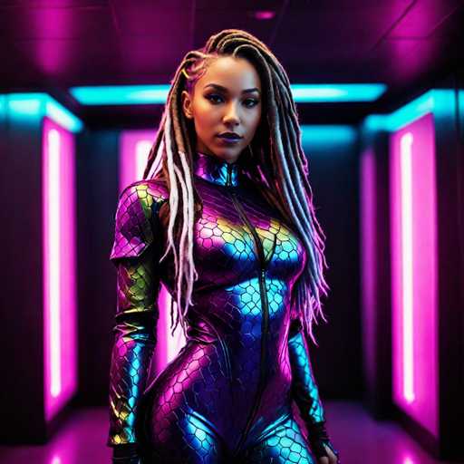 The image features a striking black woman with long, intricately braided hair that cascades down to her waist. Her hair is a unique blend of blonde and gray, adding to her captivating appearance. She is dressed in a form-fitting, metallic bodysuit that gleams with a mesmerizing array of colors, including purple, blue, yellow, and green. The bodysuit is adorned with a scaly pattern and features a prominent zipper running down the front, adding a touch of edgy allure. The suit is long-sleeved, with gloves extending up to her elbows, completing her futuristic ensemble. She stands confidently in a dimly lit room, where the walls are lined with vibrant pink and blue lights, creating an otherworldly atmosphere. The floor beneath her is reflective, mirroring the colorful glow of the surrounding lights, enhancing the overall dramatic and sci-fi ambiance of the scene.