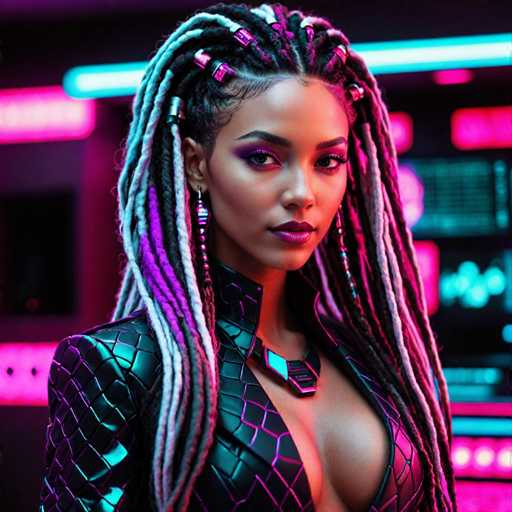 The image portrays a stunning black woman with intricately styled hair. Her hair is adorned with numerous beads, each featuring a small, vibrant purple bottle at the top. The beads are meticulously braided, incorporating shades of purple, white, and black, creating a visually striking effect. Her hair is parted in the middle, framing her face beautifully.

Her makeup is equally captivating, with bold purple eyeshadow that accentuates her eyes, complemented by long, dramatic eyelashes. Her lips are painted a rich purple, adding to her overall regal appearance. She is dressed in a sleek, black leather outfit that features a high collar and a daring cutout at the front, revealing her cleavage. The outfit is intricately designed with a scale-like pattern, adding texture and depth to her ensemble.

The background is a blend of pink and blue hues, with pink being more prominent. It features a series of pink lights that create a soft, ambient glow, enhancing the overall dreamlike quality of the scene. The combination of her detailed hair, bold makeup, and the striking background creates a visually stunning and memorable image.
