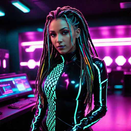 A woman with long dreadlocks and a black jumpsuit stands in front of a computer monitor, her gaze directed straight at the camera. The room is bathed in a neon glow from pink and purple lights, creating an ethereal atmosphere that contrasts with the stark white wall behind her.