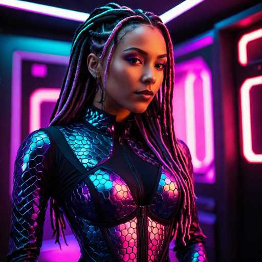 The image depicts a young African-American woman, likely in her late teens or early twenties, standing in a futuristic setting. She has long, intricately braided hair with vibrant pink highlights, styled in a way that some braids cascade over her shoulders while others are pulled back. Her makeup is bold, featuring purple eyeshadow and pink lipstick, complemented by multiple earrings.

She is dressed in a striking, form-fitting outfit that appears to be made of metallic scales, predominantly black with a scaly texture that reflects a spectrum of colors including pink, purple, blue, and yellow. The outfit is accentuated by a prominent front zipper that runs down the center of her chest, and it features crisscross straps over her shoulders. The ensemble is completed with long sleeves that extend to her wrists.

The background is a dark, futuristic environment illuminated by neon lights in shades of pink, purple, and blue, creating a vivid contrast with the black walls. The setting resembles a high-tech room, possibly a spaceship or a futuristic building, with glowing neon outlines of doorways and windows adding to the sci-fi ambiance. The woman stands confidently, gazing directly at the camera, embodying a striking blend of strength and futuristic elegance.