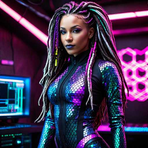 The image depicts a striking, AI-generated female character with a dark complexion, possibly of African descent. She has long, intricately braided hair adorned with vibrant purple and blue highlights, cascading down to her waist. Her face is accentuated with bold blue lipstick and dramatic eye makeup, including blue eyeshadow and black eyeliner. She wears a form-fitting, scaly bodysuit that shimmers with iridescent hues of purple, blue, and green, reminiscent of fish scales. The bodysuit features a front zipper that extends up to her neck, and it has long sleeves that cover her arms. She stands in a confident pose, gazing directly at the camera. The background is a futuristic, dark room illuminated by neon pink and blue lights, with a computer screen visible on the left side and a geometric pattern on the right. The overall scene exudes a sci-fi, cyberpunk aesthetic.