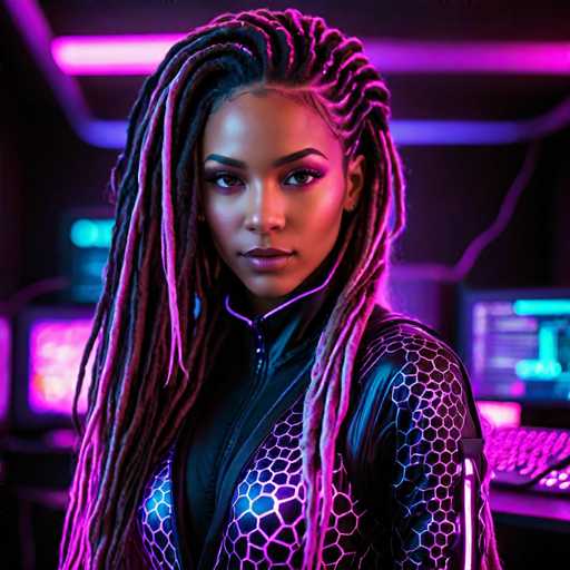 The image shows a woman with long dreadlocks wearing a futuristic outfit that includes a black and purple jumpsuit with a geometric pattern on the sleeves. She is standing against a dark purple background with neon lights in the shape of a hexagon. The woman's hair is styled in an intricate braided updo, adding to her unique appearance.