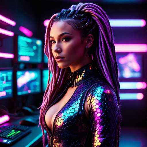 The image depicts a highly detailed, computer-generated scene of a woman standing in a futuristic, high-tech environment. She is positioned in the center of the frame, facing slightly to the left, with her body angled towards the viewer. Her attire is a striking, metallic dress adorned with a honeycomb pattern, predominantly black with reflective elements that catch the light, giving it a purple and yellow sheen. The dress features a low neckline that reveals a significant amount of cleavage and a high collar that extends up to her neck.

Her hair is styled in intricate braids that cascade down her back, transitioning from black at the roots to vibrant shades of purple and pink towards the ends. She wears a single earring in her left ear, adding to her futuristic appearance.

The background is a dark, almost black room illuminated by neon lights and multiple computer monitors. On the left side of the image, there are three monitors stacked vertically, with a keyboard and mouse positioned in front of them. The right side of the image features additional monitors, though they are blurred and less distinct. The overall ambiance is one of advanced technology and digital sophistication, with the woman appearing as a sleek, futuristic avatar in this high-tech setting.