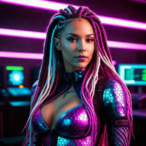 The image depicts a highly detailed, computer-generated scene of a woman standing in a futuristic, high-tech environment. She is wearing a form-fitting, metallic purple bodysuit adorned with a honeycomb pattern, which features a low neckline and a zipper running up to her neck. The bodysuit has a black collar and a black strap across her chest, adding to its intricate design. Her long hair is styled in braids, with the ends colored in vibrant shades of pink, purple, and white, giving it a striking appearance. She has dark skin and is wearing pink lipstick, with a small tattoo visible on her chest. The background is a dark, black room illuminated by neon pink and purple lights, which create a futuristic ambiance. Behind her, there are several computer monitors and screens, including one with a green light and another with a blue light, adding to the high-tech feel of the setting. The overall scene is reminiscent of a sci-fi movie or video game, with the woman exuding a powerful and enigmatic presence.
