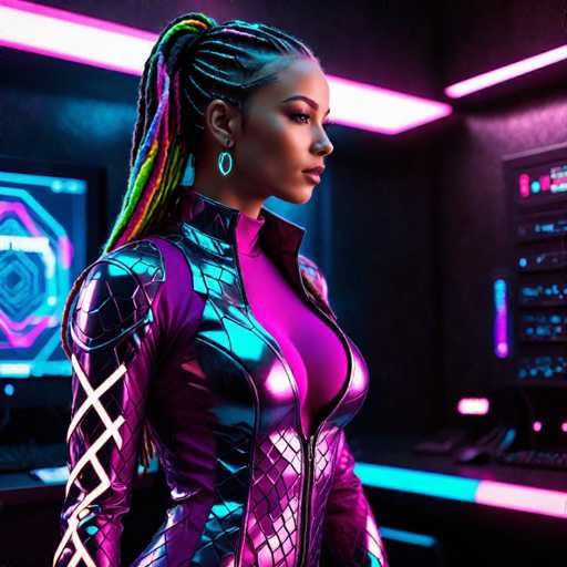 The image depicts a highly detailed, computer-generated scene of a woman in a futuristic setting. She is wearing a form-fitting, purple leather outfit with a high collar and a zipper that runs up to her neck. The outfit features a scaly pattern on the chest and arms, and a white X-shaped design on the right arm. Her hair is styled in braids, adorned with vibrant pink, blue, and yellow highlights, and she wears a large, dangling earring. The woman is positioned in a side profile, facing to the right, with her head slightly tilted down. The background is dark, illuminated by neon pink and blue lights that create a futuristic ambiance. Behind her, there are several computer monitors and a desk with a keyboard, suggesting a high-tech environment. The overall scene is reminiscent of a sci-fi movie or a futuristic video game, with the woman appearing to be a superhero or a character in a similar genre.