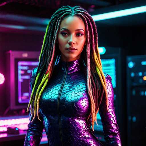 The image depicts a highly detailed, computer-generated scene of a young woman standing in a dimly lit room filled with advanced technology. She is wearing a form-fitting, metallic suit that shimmers with a purple and blue hue, adorned with a honeycomb pattern and a prominent zipper running up the front. The suit appears to be made of a material that reflects light, giving it a glossy finish. Her long, braided hair, which cascades down to her chest, features vibrant colors of green, yellow, red, and purple, adding a striking contrast to her dark skin. She has dark eyes and is looking directly at the camera with a serious expression. The background is filled with various screens and computer equipment, some displaying purple and blue hues, while others show green and blue. The room is illuminated by a combination of these screens and a long, rectangular light fixture on the ceiling, enhancing the futuristic and high-tech atmosphere of the scene.