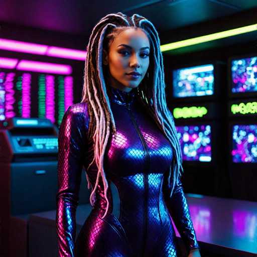 A woman with long dreadlocks is standing in a room filled with neon lights and computer monitors. She is wearing a purple and black snake skin suit that has a zipper down the front. The room contains multiple computer monitors displaying various colors of neon lights, creating an atmosphere of modernity and technology.