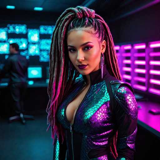 In this striking image, a woman stands confidently in the foreground, her gaze directed straight at the camera. She is adorned in a form-fitting, metallic outfit that shimmers with hues of green, purple, and pink, reminiscent of a scaly texture. The outfit features a zipper running down the front, revealing a hint of cleavage. Her long, dark hair is styled into intricate braids that cascade down to her waist, with the tips tinted pink. She accessorizes with long, dangling earrings that add to her bold appearance.

The background is a high-tech setting, possibly a control room or a computer lab. A man, dressed in a black suit, stands with his back to the camera, facing a large screen filled with blue and white data. To the right, a series of glowing pink lights add a futuristic ambiance to the scene. The overall composition suggests a blend of advanced technology and a touch of science fiction, with the woman exuding strength and mystery.