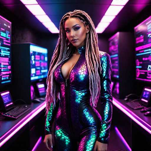 The image portrays a highly realistic, computer-generated depiction of a young woman standing in a futuristic, high-tech room. She is wearing a form-fitting, metallic bodysuit that shimmers with a combination of purple, blue, and green hues, resembling fish scales. The bodysuit features a zipper running up to her neck, and it has long sleeves that extend to her wrists. Her hair is styled in long, blonde braids that cascade down to her waist. The woman's face is adorned with heavy makeup, including purple eyeshadow and lipstick, and she has a serious expression as she gazes directly at the camera. The room around her is filled with large, glowing screens displaying various data, and the walls are lined with neon pink and purple lights, enhancing the futuristic ambiance. The floor beneath her is dark, and the overall scene exudes a sense of advanced technology and meticulous design.