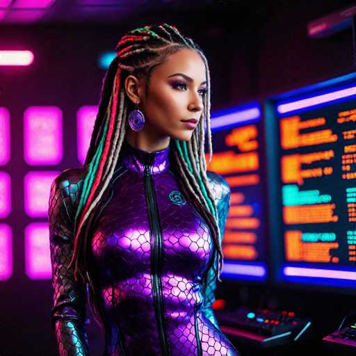 The image depicts a highly detailed, computer-generated scene of a young woman standing in front of two large computer monitors. She is wearing a form-fitting, purple bodysuit adorned with a black zipper running down the front and a small emblem on her chest. The bodysuit features a scaly pattern, adding to its futuristic appearance. Her long, intricately braided hair, which cascades down to her waist, is a mix of white, red, green, and blue hues. She accessorizes with large, purple spiral earrings that complement her outfit. The woman's face is heavily made up, with striking purple eyeshadow and pink lips, and she gazes off to the right. The background is a dark, almost black room illuminated by neon pink and purple lights, creating a vibrant, cyberpunk atmosphere. The computer monitors behind her display orange and blue text, though the details are blurred and indistinct.