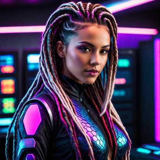 The image depicts a highly detailed, computer-generated rendering of a young woman, likely in her 20s, with a dark complexion. She has long, intricately braided hair that features a mix of brown, blonde, and red highlights, with some braids cascading down her back and others framing her face. Her hair is parted in the middle, with a section pulled back on the left side. She is adorned in a sleek, black leather outfit that resembles a futuristic, sci-fi-inspired suit. The suit features a high collar that extends up to her neck and is decorated with a scaly, metallic texture that shimmers in shades of pink, purple, and blue. Her shoulders are accentuated with pink, diamond-shaped patches, and her arms are covered in black leather. The background is a dark, futuristic setting filled with glowing neon lights in hues of pink, purple, blue, and green, suggesting she is in a high-tech environment, possibly a spaceship or advanced control room. The woman's face is turned slightly to the right, with a serious expression, and she wears pink lipstick, adding to her striking appearance.