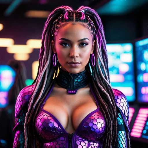The image features a striking young woman, likely in her early 20s, with a mixed-race appearance that includes African American and possibly other ethnicities. She has long, intricately braided hair that cascades down to her waist, adorned with vibrant pink highlights and metallic accents. Her hair is styled in a unique way, with two braids framing her face and the rest flowing down her back. She wears large, pink hoop earrings that complement her bold makeup, including dark purple lipstick and dramatic eyeliner.

Her outfit is a form-fitting, metallic pink bodysuit with a low-cut neckline that reveals a significant amount of cleavage. The bodysuit features a scaly texture and is accentuated with black details, including a high collar that extends up to her neck and a zipper running down the front. The shoulders of the bodysuit are padded, adding to her imposing presence.

The background is blurred but suggests a high-tech environment, possibly a control room or a scene from a video game, with various screens and illuminated panels. The overall ambiance is dark, punctuated by the glowing lights of the equipment behind her, which adds to the futuristic and intense atmosphere of the image.