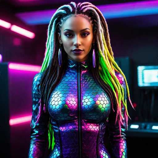 The image portrays a highly detailed, computer-generated depiction of a female character. She is a black woman with long, intricately braided hair that cascades down her back. The braids are adorned with vibrant colors, including shades of green, yellow, and brown. Her hair is parted in the middle, and she has a striking, symmetrical facial structure. Her eyes are accentuated with purple eyeshadow, and her lips are painted a bold purple color. She wears large, purple hoop earrings that add to her dramatic appearance.

Her attire is a form-fitting, metallic jumpsuit that covers her entire body. The jumpsuit features a scaly texture with a mix of purple, blue, and green hues. It has long sleeves that extend down her arms, and a central zipper runs up the front of the suit. The jumpsuit is form-fitting, accentuating her figure, particularly her chest and hips. The overall design of the suit is sleek and futuristic, blending seamlessly with the character's powerful presence.