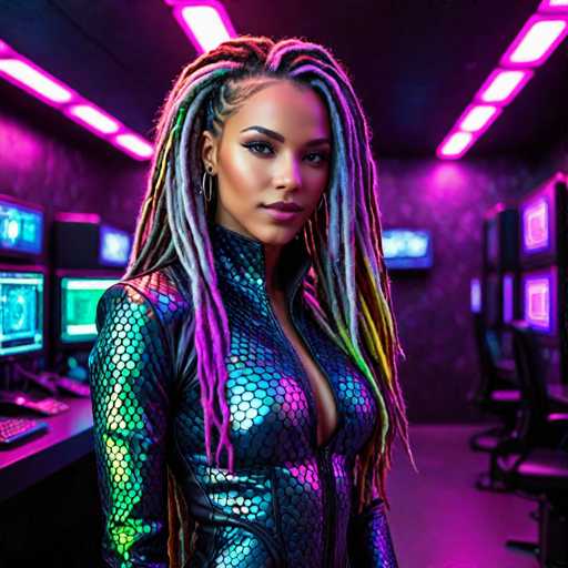 A woman with long dreadlocks and a metallic jumpsuit stands in front of a computer monitor, her gaze directed straight at the camera. The room is filled with monitors displaying various colors and shapes, creating an atmosphere of technological innovation or creativity.