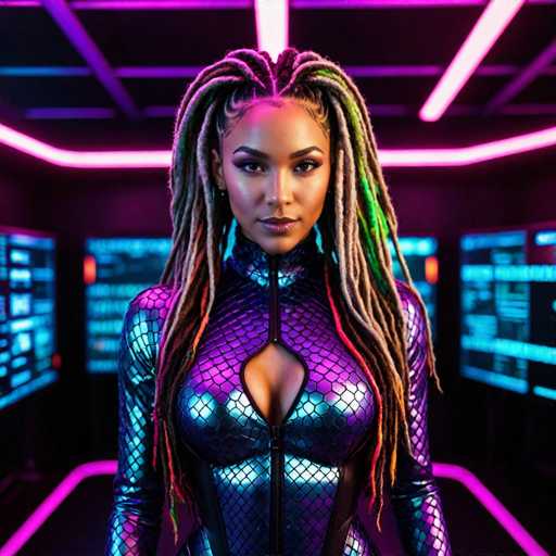 The image depicts a highly detailed, computer-generated scene featuring a striking female character who appears to be a superhero or a sci-fi figure. She stands confidently in the center of a futuristic room, which is illuminated by neon pink and purple lights that create a vibrant, otherworldly atmosphere. The room is filled with numerous computer screens displaying various data, enhancing the high-tech ambiance.

The woman has a darker skin tone and is adorned with intricate, multicolored dreadlocks that cascade down to her waist. Her hair features a mix of colors, including shades of brown, green, red, and purple, adding to her unique appearance. She is dressed in a form-fitting, metallic purple bodysuit that extends from her neck to her thighs, complete with a black zipper running down the front. The bodysuit has a fish-scale pattern, giving it a sleek and futuristic look. It also features a cutout just below her chest, revealing a glimpse of her skin.

Her expression is serious and focused, with her eyes gazing directly at the viewer, exuding a sense of strength and determination. The overall composition of the image, with its vivid colors and detailed elements, suggests that it could be a promotional poster for a video game or a sci-fi movie, showcasing a powerful female protagonist in a high-tech setting.