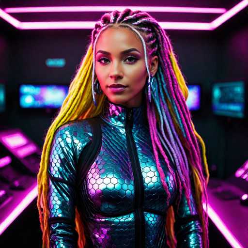 The image features a striking black woman with long, intricately braided hair that cascades down to her waist. Her hair is a vibrant mix of colors, with the left side predominantly yellow and the right side showcasing shades of pink and purple. She is adorned with large hoop earrings that add to her bold appearance. The woman is dressed in a form-fitting, metallic silver bodysuit that shimmers with a scaly texture, zipped up to her neck. The suit accentuates her figure, particularly highlighting her chest and arms. She stands in a dimly lit room, illuminated by neon pink lights that create a futuristic ambiance. Behind her, a series of computer monitors and screens are visible, adding to the high-tech feel of the setting. The overall scene is both captivating and futuristic, with the woman's colorful hair and metallic attire contrasting beautifully against the dark, neon-lit background.