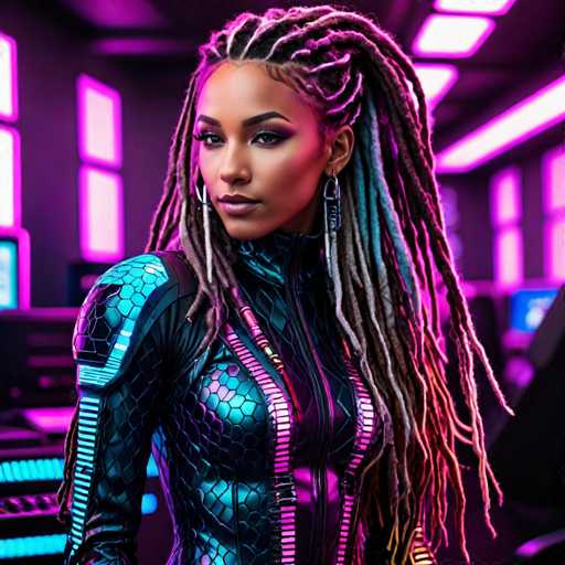 This image features a stunning, AI-generated depiction of a woman with an intricate and vibrant appearance. She has long, flowing hair that is predominantly brown with striking streaks of purple, blue, and white. Her hair is styled in a way that it cascades down her back, adding to her overall dramatic look. She is adorned with large, dangling earrings that resemble long, silver chains, which complement her bold makeup. Her eyes are accentuated with dark purple eyeshadow, and her lips are painted a vivid purple, adding to her striking features.

The woman is dressed in a form-fitting, scaly suit that is primarily black but adorned with neon blue and pink accents. The suit features a prominent zipper that runs down the front, adding to its futuristic and edgy design. The suit's texture resembles fish scales, giving it a unique and dynamic appearance. 

The background of the image is a blend of pink and purple hues, creating a dreamy and surreal atmosphere. It appears to be a high-tech setting, possibly a futuristic computer room, with various screens and equipment visible. The overall composition of the image is highly detailed and visually captivating, showcasing the impressive capabilities of AI in creating lifelike and imaginative art.