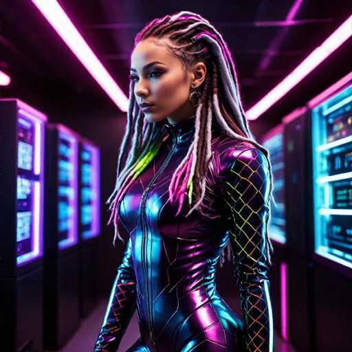 The image depicts a highly detailed, computer-generated scene of a woman standing in a futuristic hallway. She is wearing a form-fitting, metallic bodysuit that is predominantly purple with accents of blue and pink. The bodysuit features a zipper running up the front and extends over her neck, resembling a turtleneck. Her arms are adorned with a diamond pattern in yellow and pink, and the suit has a reflective quality that captures the ambient light from the surrounding environment.

The woman has long, braided hair that is a mix of brown, white, and pink, with some strands incorporating green and yellow highlights. She is accessorized with large hoop earrings and has dark, defined eyebrows and eye makeup. Her expression is serious, and she gazes off to the left side of the image.

The hallway around her is lined with tall, black cabinets that have glowing blue and purple lights, creating a futuristic ambiance. The ceiling above is black, featuring long, rectangular pink lights that add to the overall ambiance. The floor is gray, and the entire scene is illuminated by the reflective, metallic surfaces of her suit and the glowing lights from the cabinets, giving it a high-tech, sci-fi feel.
