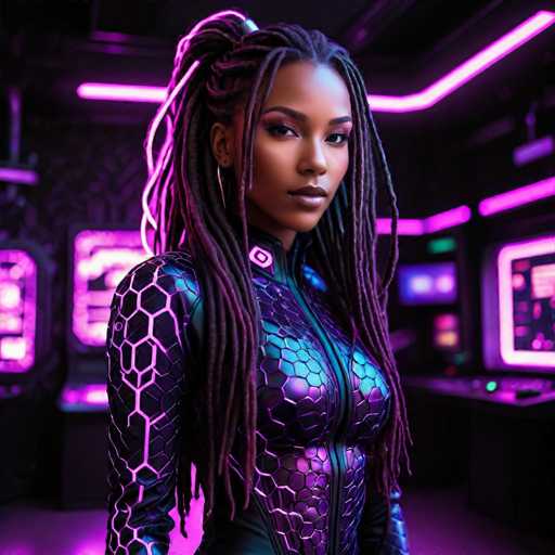 The image depicts a highly detailed, computer-generated scene of a young African-American woman standing in a futuristic, sci-fi setting. She is wearing a form-fitting, metallic bodysuit that features a scaly texture and is primarily black with accents of purple and blue. The bodysuit has a zipper running up the front, and a distinctive honeycomb pattern illuminated in pink lights on her right arm. Her long, dark brown dreadlocks cascade down to her waist, and she wears large hoop earrings. The woman's face is adorned with heavy makeup, including dark eyeshadow and lipstick, and she has a serious expression as she looks directly at the camera. The background is dark, filled with neon pink and purple lights that emanate from various screens and panels, suggesting a high-tech environment, possibly a spaceship or advanced control room. The overall ambiance is dark and moody, with the vibrant neon lights providing the primary source of illumination.
