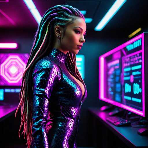 A woman with long dreadlocks is standing in front of a computer monitor displaying a screen filled with lines and numbers. She is wearing a purple outfit that includes a snake skin-like pattern on the sleeves. The background features neon lights and a black wall.
