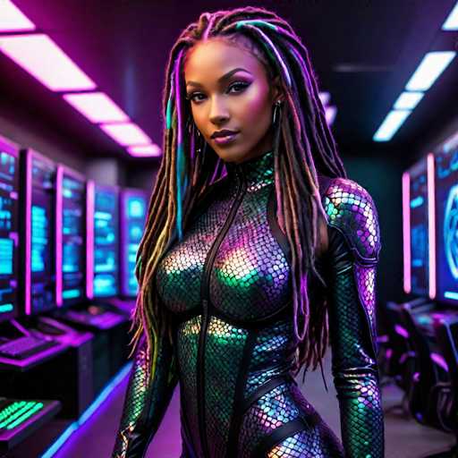 The image depicts a highly detailed, computer-generated scene of a young African-American woman standing in a futuristic, high-tech room. She is wearing a form-fitting, metallic bodysuit that shimmers with a scaly texture, predominantly green with accents of purple and pink. The bodysuit features a prominent black zipper running up the front, and it covers her entire body, including her arms and legs, with a cut-out around her neck. Her long, multi-colored dreadlocks, incorporating shades of purple, blue, yellow, and green, cascade down to her waist. She has striking makeup, with dark purple lipstick and heavy eye shadow, and she gazes directly at the viewer with a serious expression. The room around her is illuminated by neon pink and blue lights, with rows of computer monitors and keyboards on either side, and a gray floor beneath her. The overall ambiance suggests a setting from a video game or a sci-fi movie, emphasizing the advanced and immersive technology surrounding her.