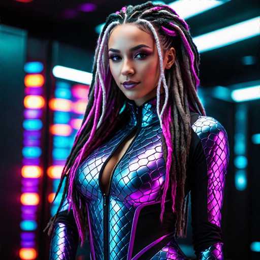 The image depicts a highly detailed, computer-generated scene featuring a woman with a striking appearance. She has long, intricately braided hair that combines black, purple, and white hues. Her hair is styled in a way that it cascades down to her waist, with some braids draping over her shoulders and others pulled back. Her skin is a rich brown, and she has dark, expressive eyes accentuated by purple eyeshadow and long eyelashes. Her lips are painted a deep purple, adding to her dramatic look.

She is dressed in a form-fitting, metallic suit that shimmers with a combination of blue and purple tones. The suit features a low neckline, revealing some cleavage, and is adorned with a scaly pattern that adds to its futuristic appearance. A black zipper runs up the front of the suit, and it has long sleeves that cover her arms. The suit also includes a high collar that extends up to her neck.

The background is a dark, futuristic setting, illuminated by vibrant neon lights in shades of purple, blue, and orange. These lights create a striking contrast against the dark backdrop, enhancing the overall sci-fi atmosphere of the scene. The woman stands with a confident pose, her gaze directed slightly to the side, exuding an aura of strength and mystery.
