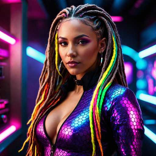 The image depicts a highly detailed, computer-generated rendering of a young woman, possibly in her early 20s, with a dark complexion. She has long, intricately braided hair adorned with vibrant colors, including yellow, green, red, and orange. Her hair is styled with a middle part, and some braids are woven into her head, while others cascade down her shoulders. She is wearing a form-fitting, metallic purple bodysuit with a deep V-neck that reveals a significant portion of her chest. The bodysuit features a black collar and a zipper running down the front. She accessorizes with large hoop earrings and a choker necklace. The background is a futuristic, sci-fi setting with neon lights in shades of pink, blue, and purple, creating an ambiance reminiscent of a high-tech club or spaceship interior. The woman is looking directly at the camera, exuding confidence and a slight smile.