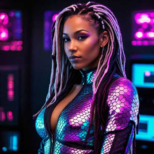 A woman with long dreadlocks and a metallic jumpsuit stands against a black background adorned with neon lights.