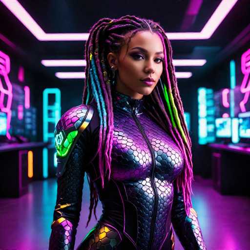 A woman with long dreadlocks and a purple and black suit stands confidently against the backdrop of a neon-lit room filled with computer monitors and keyboards.