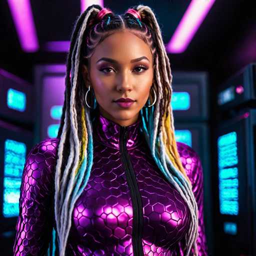The image depicts a highly detailed, computer-generated scene featuring a young African-American woman, likely in her late teens or early 20s. She stands confidently in the foreground, her gaze fixed directly on the viewer. Her skin is a rich brown, and her hair is styled in two braids that fall over her shoulders. The braids are intricately woven with a mix of colors, including blonde, black, pink, and blue.

Her makeup is striking, with dark purple eyeshadow and matching lipstick that accentuates her expressive eyes. She wears large hoop earrings that complete her look.

The woman is dressed in a form-fitting, purple outfit that appears to be made of a material resembling snake scales. The outfit is form-fitting, particularly around her chest, and features a black zipper that runs up to her neck. The material of the outfit is shiny, reflecting light and adding to the overall futuristic aesthetic.

The background is a dark, almost black room, illuminated by purple neon lights that create a futuristic ambiance. Behind her, there are several panels and screens, some displaying blue text, contributing to the high-tech feel of the environment. The overall setting suggests a scene from a sci-fi movie or a futuristic video game.