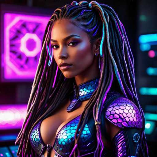 The image depicts a highly detailed, computer-generated rendering of a young African-American woman, likely in her early 20s, with long, intricately braided hair. Her hair features a mix of black and white braids, with some strands incorporating purple and blue highlights. She has a serious expression, looking directly at the viewer, and is adorned with purple eyeshadow and pink lipstick. She wears a distinctive outfit that includes a blue, scaly choker with a small device attached to it, and a matching blue and purple scaly bra. Her left arm is covered by a sleeve that extends from her shoulder to her elbow, also featuring the same scaly pattern. The background is a dark, futuristic setting with neon pink and blue lights, including a prominent neon pink square with a white circle and black lines. The overall scene suggests a sci-fi or cyberpunk aesthetic, with the woman appearing to be a character from a video game or movie.