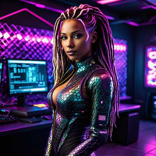 A woman with long dreadlocks is standing in front of a computer monitor and keyboard, wearing a futuristic outfit that includes a black and purple snake skin suit with a yellow and blue patterned skirt. The room has a neon green and purple color scheme, creating an otherworldly atmosphere.