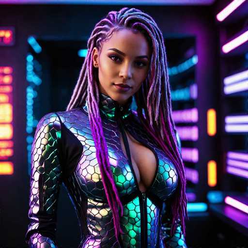 The image features a striking black woman with long, intricately braided hair that transitions from black at the roots to vibrant shades of purple and blue at the tips. She is wearing a form-fitting, metallic bodysuit that shimmers with a silvery sheen, adorned with a honeycomb pattern. The bodysuit is designed with a deep V-neckline that reveals a significant portion of her chest, and it extends up to her neck, where it is fastened with a zipper. The suit also features long sleeves and a high collar that adds to its futuristic aesthetic. Her makeup is bold, with dark purple lipstick and thick, defined eyebrows, enhancing her captivating presence. The background is a dark, futuristic setting filled with neon lights in hues of purple, blue, and orange, creating an otherworldly atmosphere. The woman is positioned slightly to the left, gazing directly at the camera, exuding confidence and allure.