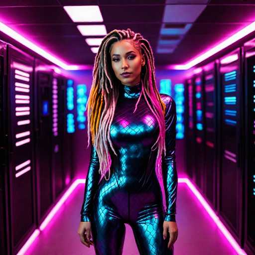 A woman with long dreadlocks is standing in a futuristic room filled with rows of computer servers and racks on either side of her. She's wearing a blue jumpsuit that has a mesh pattern on the sleeves and legs. The walls are painted in shades of purple and pink, creating an otherworldly atmosphere.
