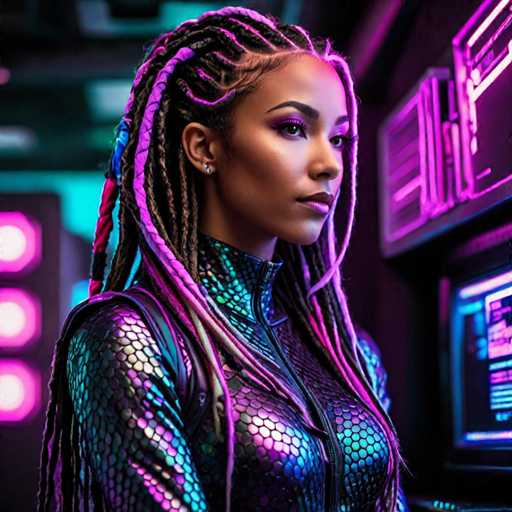 The image depicts a young African-American woman, possibly in her late teens or early twenties, standing in a futuristic setting. She has long, intricately braided hair adorned with vibrant pink and purple highlights, and a single braid features a striking red streak. Her makeup is bold, with heavy purple eyeshadow and matching lipstick. She wears a form-fitting, scaly black outfit that shimmers with pink and purple hues, reminiscent of a superhero costume. The outfit has a high collar and a zipper running down the front, with a strap over her shoulder. She stands in front of a large, illuminated screen that emits pink and purple light, suggesting she might be interacting with some advanced technology. The background is blurred, filled with indistinct shapes and more neon lights, enhancing the sci-fi atmosphere of the scene.
