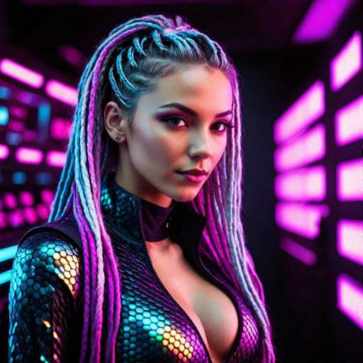 The image depicts a highly realistic, AI-generated portrayal of a young woman, likely in her early 20s, with a striking and exotic appearance. She has long, intricately braided hair that features a mix of blonde, purple, and blue hues, with some braids extending down to her waist. Her skin is a light tan, and she has dark brown eyes accentuated by heavy purple eye shadow and matching purple lipstick. She is adorned with a small black stud earring in her right ear.

Her attire is a form-fitting, metallic outfit that resembles a scaly, fish-like design, with a deep V-neckline revealing a significant portion of her chest. The outfit is primarily black with reflective, scales-like patterns in shades of purple, blue, and yellow, and it features a high collar that extends up to her neck. The background is a dark, almost black setting, illuminated by vibrant neon pink and purple lights that create a futuristic, cyberpunk ambiance. The woman is looking directly at the camera, her expression serious and captivating, with her head slightly tilted to the right.