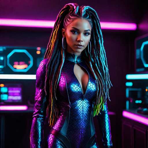 The image depicts a highly detailed, computer-generated scene of a young African-American woman standing in a futuristic, high-tech environment. She is wearing a form-fitting, metallic blue and purple bodysuit adorned with a scaly pattern, reminiscent of a mermaid's tail. The suit features a zipper running down the center, revealing a deep neckline that extends to her belly button. Her long, braided hair, which is intricately colored with shades of blue, green, yellow, and orange, cascades down to her waist. She accessorizes with large hoop earrings and has a serious expression on her face.

The background is a dark, almost black room illuminated by neon pink and blue lights, creating a vibrant, futuristic atmosphere. Behind her, there are several computer screens and panels with various displays, including a prominent blue screen with a hexagonal shape and orange text. To her right, there is a desk or panel with additional computer equipment, and to her left, another screen with a blue border and pink text. The overall scene suggests she is in a high-tech control room or spaceship, with the environment enhancing the sci-fi aesthetic of the image.
