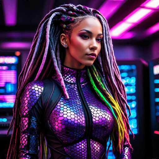 A woman with long dreadlocks and a purple jumpsuit stands against a neon-lit background of blue and pink lights.