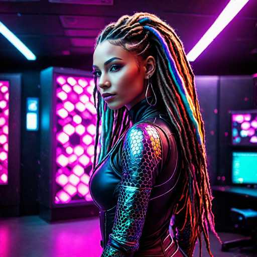 The image depicts a highly detailed, computer-generated scene of a woman standing in a futuristic, high-tech environment. She is positioned in the center of the frame, facing slightly to the left, with her back partially turned away from the viewer. Her long, intricately braided hair, adorned with vibrant rainbow hues, cascades down her back, adding a striking contrast to her sleek, black leather outfit. The outfit features a distinctive honeycomb pattern on the sleeves and chest, and she accessorizes with large hoop earrings.

The setting around her is equally captivating, with a dark ceiling illuminated by long, rectangular white lights. The floor beneath her is a reflective gray, enhancing the futuristic ambiance. To her left, there is a large, illuminated structure with a pinkish-purple hue, resembling a high-tech machine or screen. On her right, a desk with a computer monitor is visible, accompanied by a black chair. The overall atmosphere is one of advanced technology and sleek design, with the woman exuding a sense of strength and confidence in this futuristic setting.