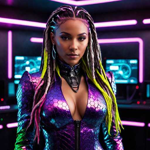 A woman with long dreadlocks and a purple outfit stands in front of a computer monitor displaying a screen filled with blue neon lights.