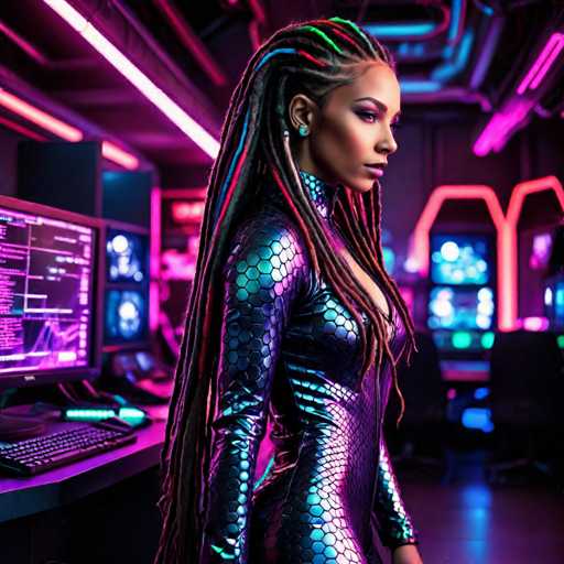 A woman with long dreadlocks and a metallic snake skin jumpsuit stands in front of a computer monitor displaying code on the screen. The room is illuminated by neon lights that cast an ethereal glow over her figure.